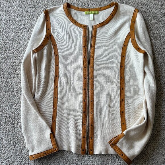 Sigrid Olsen Silk-Cotton Cardigan w/ Leather Accents | Size S - Picture 1 of 7